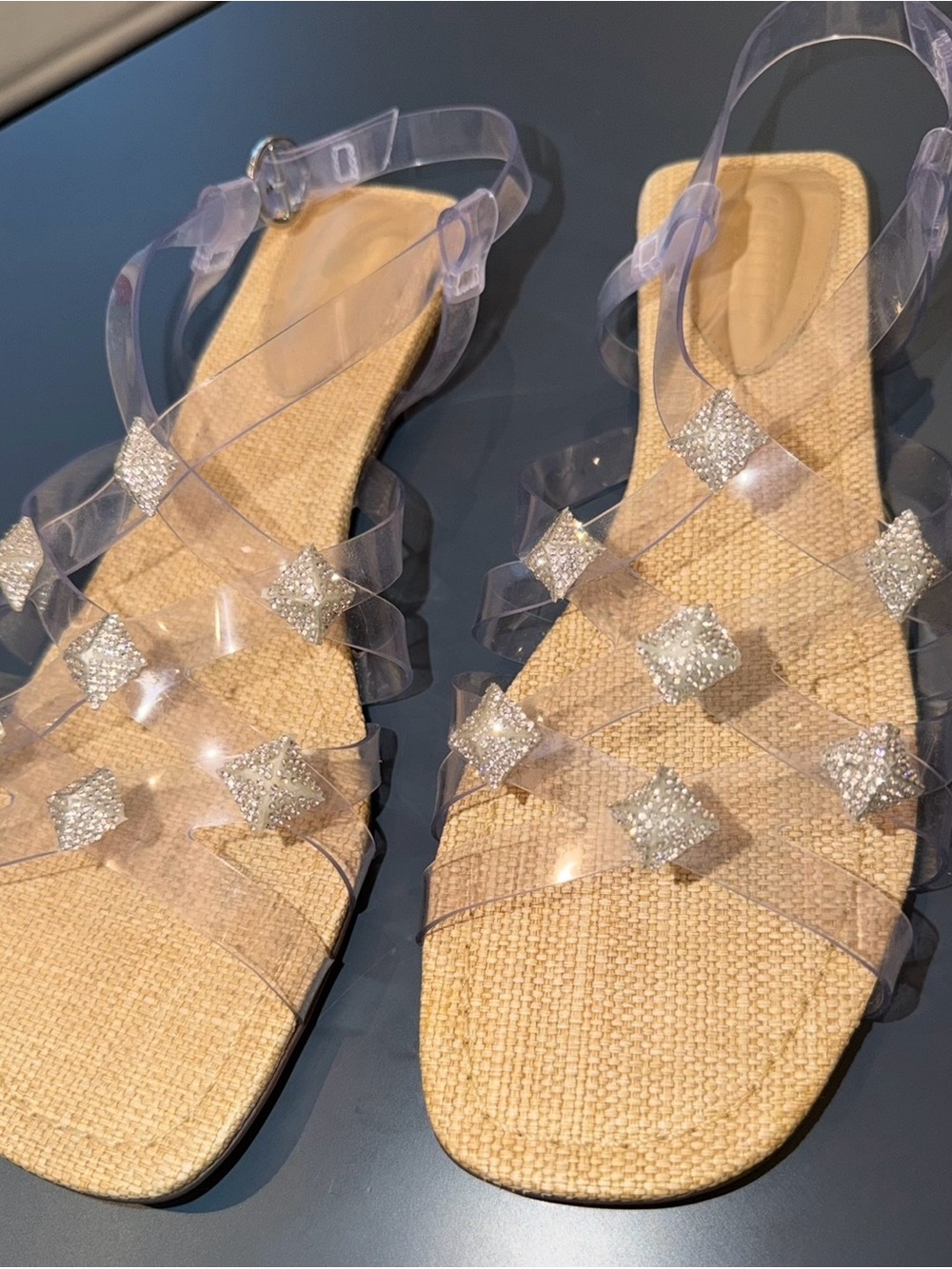 SCHUTZ Clear Jelly Sandals with Silver Crystal Studs - Beige Footbed